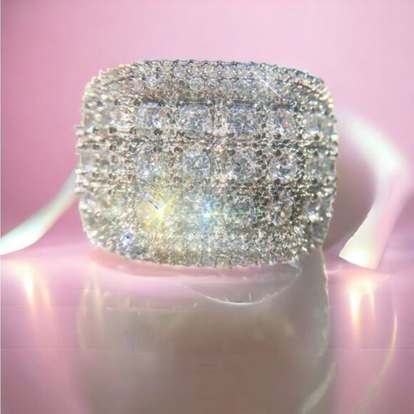 🧊💍Wide Luxurious Silver CZ Diamond 5-Row Sparkle Band Statement Cocktail Ring - Picture 12 of 17